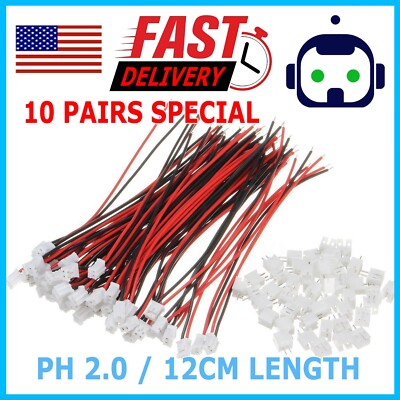 10 Pairs Mini Micro JST 2.0 PH 2-Pin Connector Plug with Wires Cables