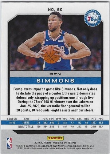 2019-20 Panini Obsidian #60 Ben Simmons! *PWE* - Picture 2 of 2