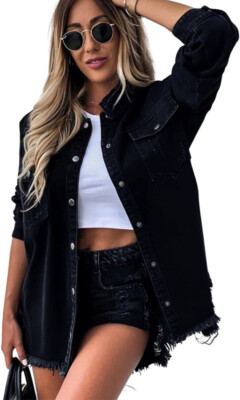 happlan Women's Medium Length Distressed Loose Lapel Denim Jacket