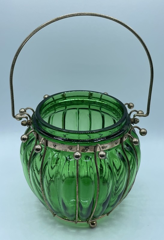 Vintage emerald green glass biscuit jar "Love Story" Japan No Lid With Handle