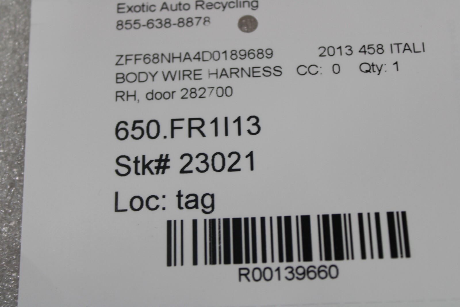Ferrari 458 Italia, Spider, RH, Right, Door Wire Harness, Used, P/N 282700