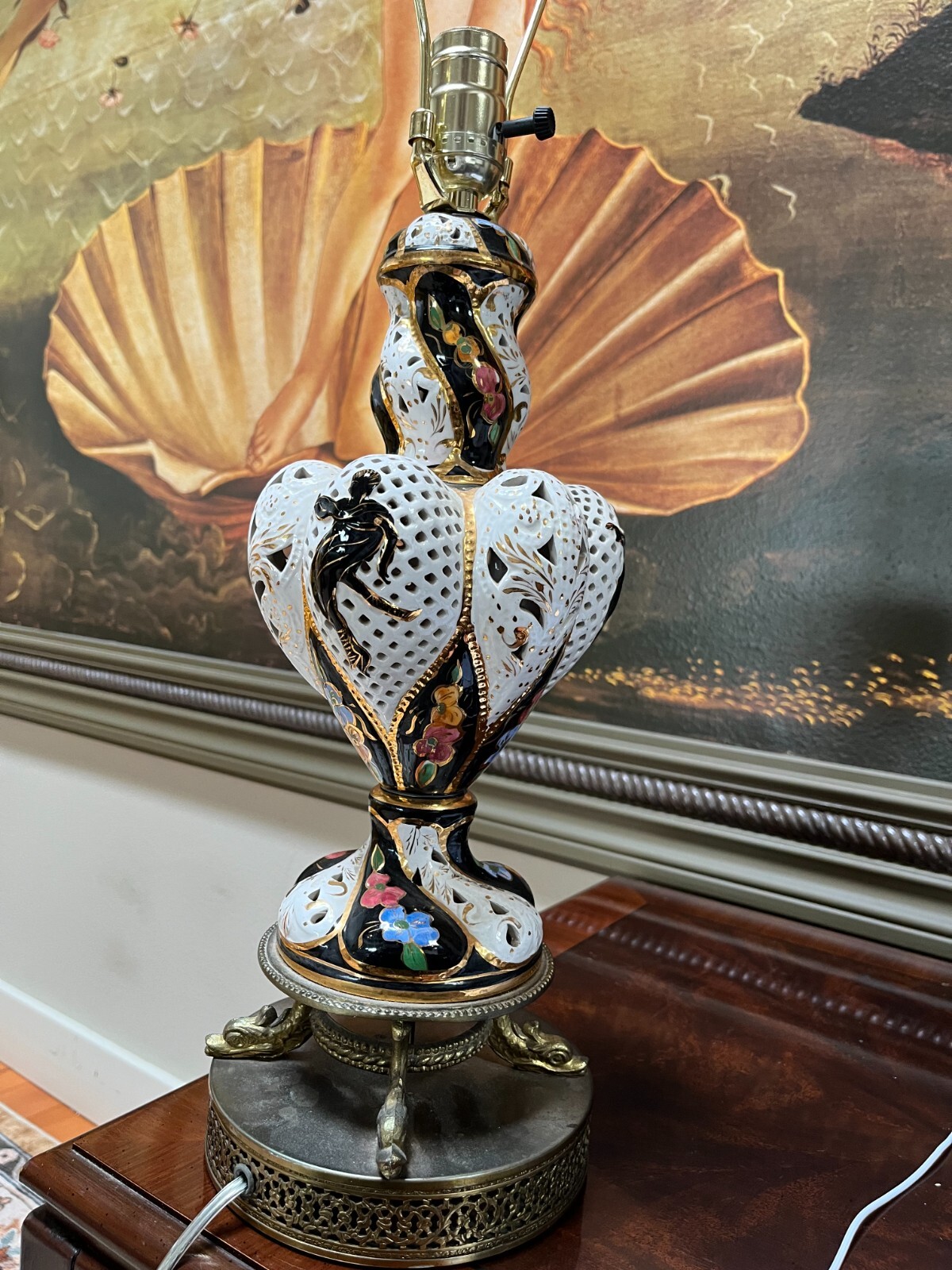 TABLE LAMP:  ) CAPODIMONTE ITALIAN Porcelain Painted flowers, lattice cut-outs-image