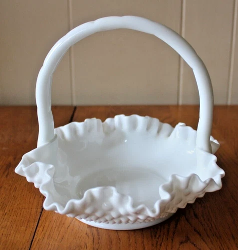 White Milk Glass Hobnail Basket Vintage 70's Candy Flowers Catchall