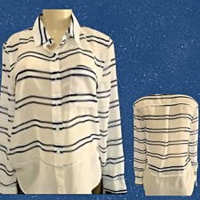 Banana Republic S White-Navy Striped Sheer Button Down Collar Long Sleeve Blouse