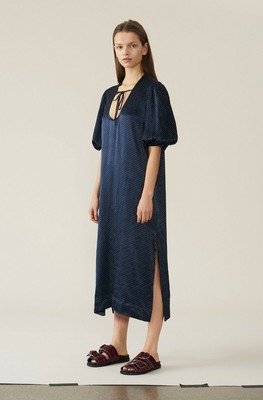 ganni navy polka dot dress