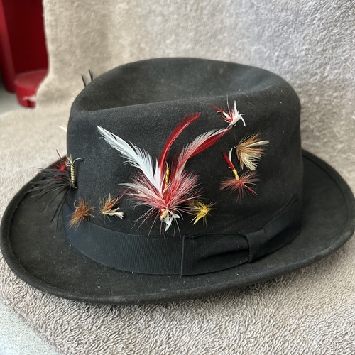 KNOX Vintage Premier Fedora Fifth Avenue Hat Black Size Unkn. 17 Fly Fish Lures - Picture 2 of 10