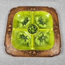 Vintage MCM Treasure Craft Divided 4 Tray Avocado Green Agate 13.5. X 13.5