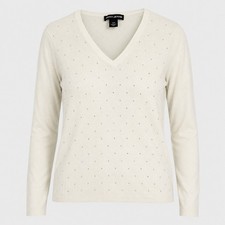 DKNY Jeans Womens S Ivory White Rhinestone V Neck Cotton Sweater Y2K Sparkle