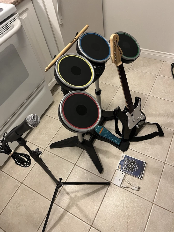 Nintendo Wii Rock Band Bundle Drums Pedal Sticks Guitar Mic & Game Rockband - Image 2 of 4