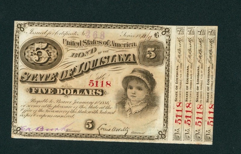 1876 $5 ((CU)) State of Louisiana Baby Bond ** DAILY CURRENCY AUCTIONS
