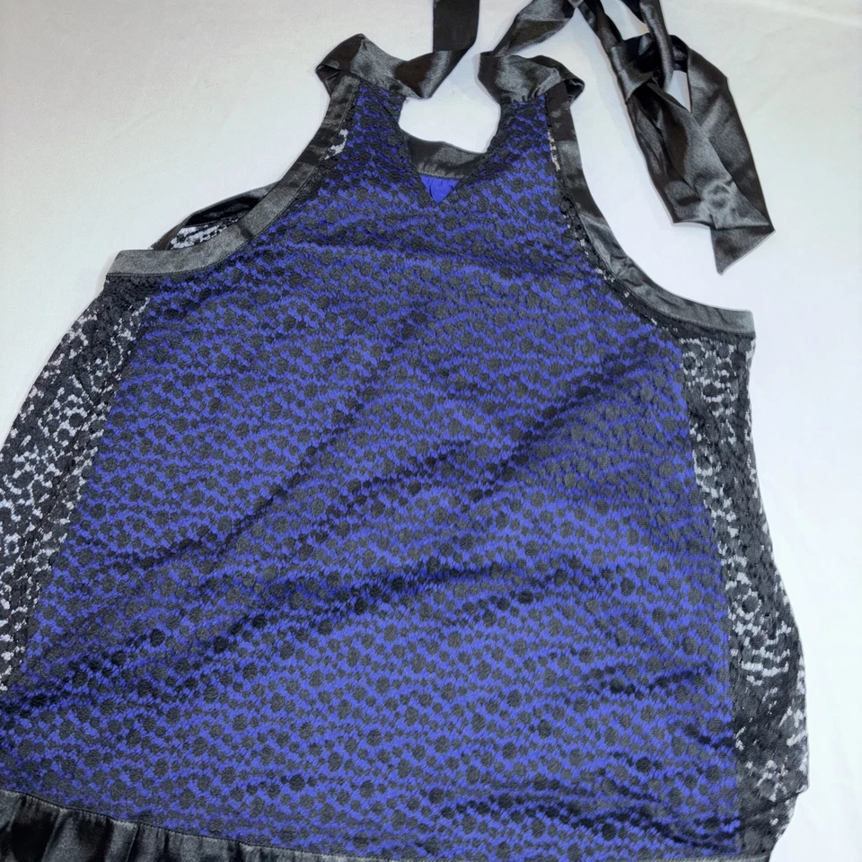 Nicole Miller Negro Encaje/Forro Azul Halter Top Corbata Atrás Talla Mediana Foto 4 de 4