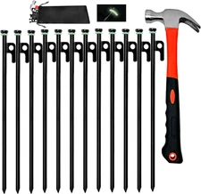 12 Pack Tent Stakes with Hammer Set 12 Inch Heavy Duty Forged Steel Tent Stakes