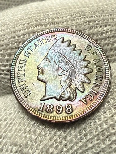 1898 Indian Head Cent Penny Lustrous AU High Grade + Toned