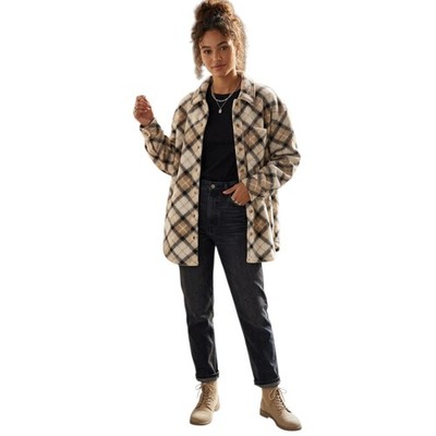 NY&CO Long Sleeve OVERSIZED Medium Plaid Jacket Shacket Beige Neutrals Pockets.