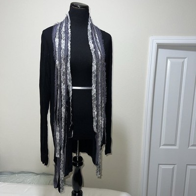 BKE Boutique Lace Long Duster Cardigan Boho Black Open Front Embellished XL
