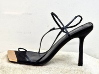 Public Desire Jessica Heels Black Satin Strappy Sandals NEW UK 7 EU 40 Gold Toe