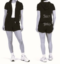 NWT 179 Juicy Couture Rhinestone Terry Hoodie And Shorts Set Liquorice Black
