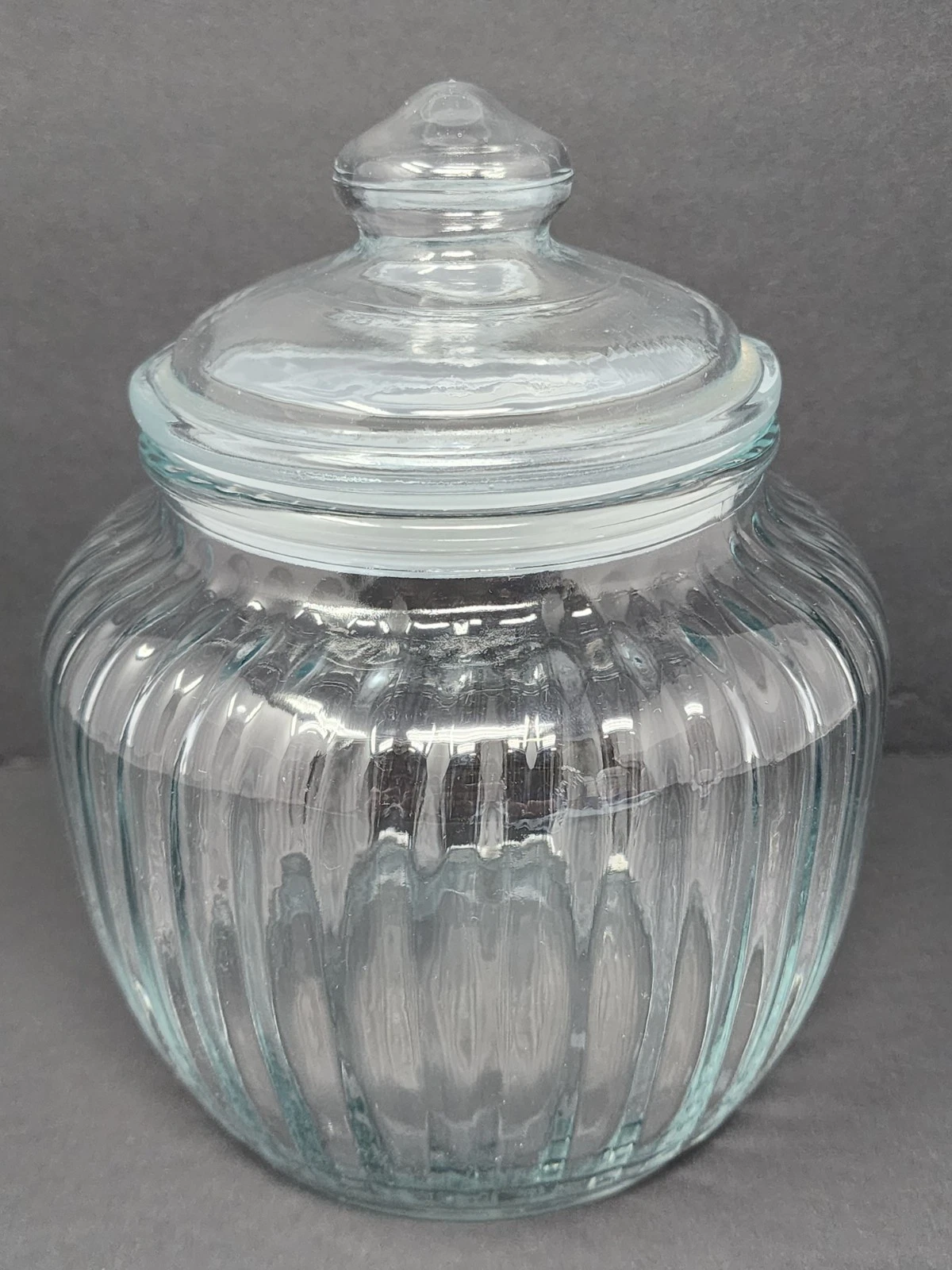 Vintage Ribbed Clear Glass Ginger Canister Jar with Lid 8” Tall
