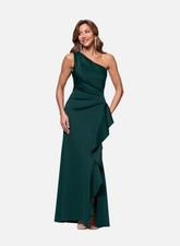 Xscape Hunter Green One-Shoulder Scuba Ruffle Gown Size 14 $248