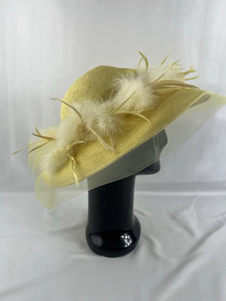 Vintage Fedoria Yellow Wide Brim Church Hat with Marabou Feathers & Net Accent - Image 2 of 4