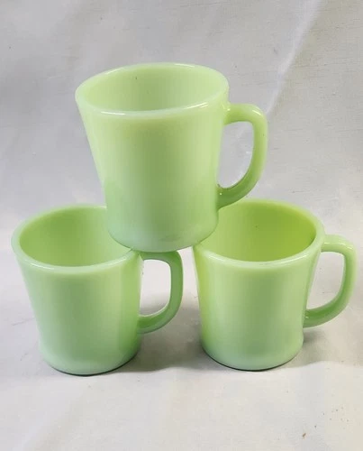 3 VINTAGE 1940's FIRE KING JADITE D-HANDLE OVEN WARE MUG / CUP ~ MADE IN U.S.A.
