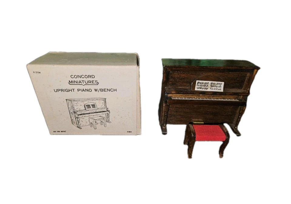 Piano vertical Concord Miniatures con banco artículo 2754 casa de muñecas madera coleccionable Foto 3 de 4