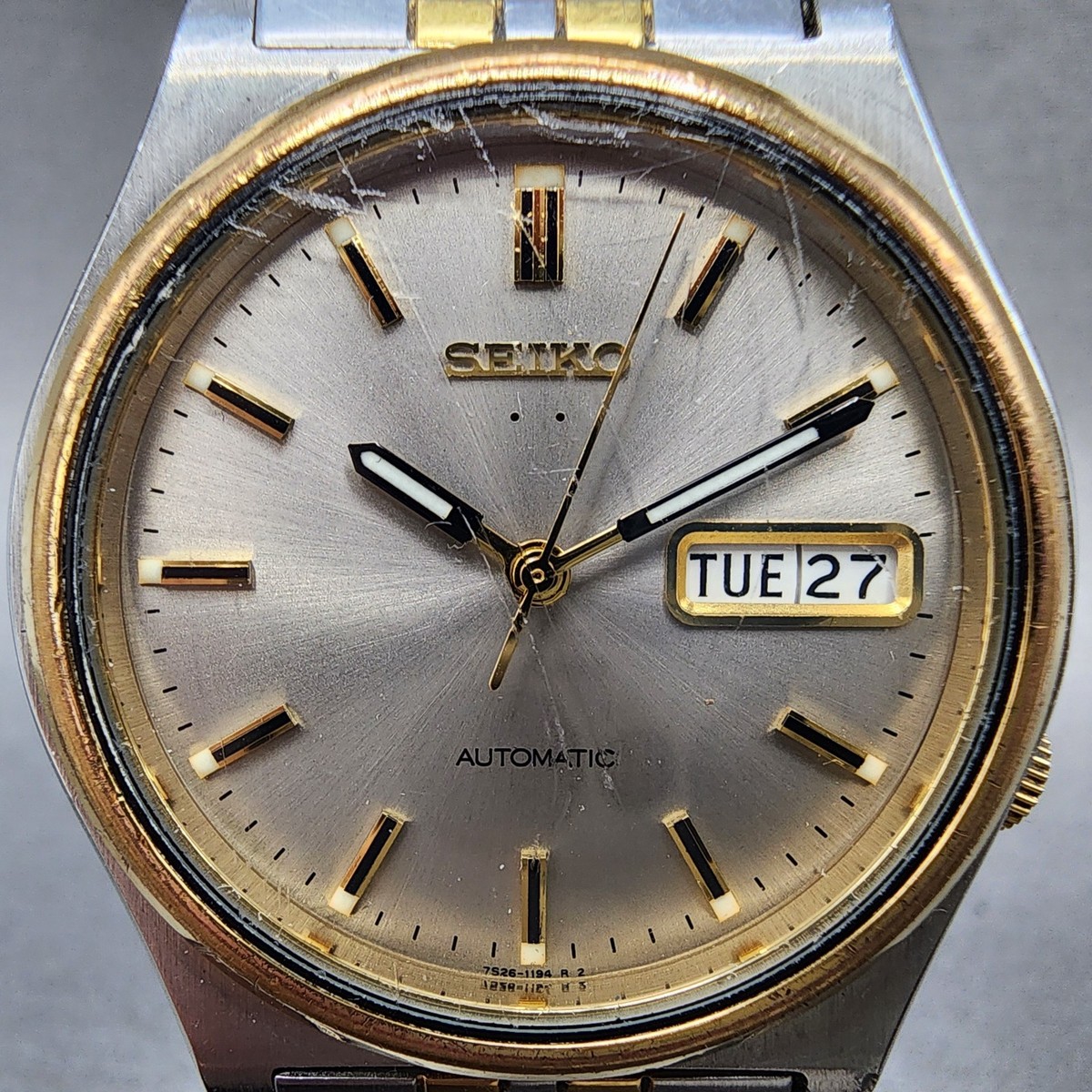 Seiko Automatic Watch Men 37mm Silver Dial Two Tone Daydate 7s26