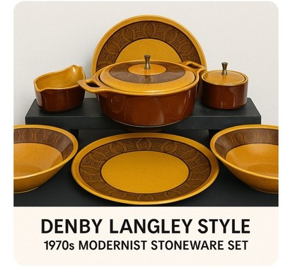 Denby Langley Style Stoneware Set Ochre Brown Leaf Geometric Pattern Modernist