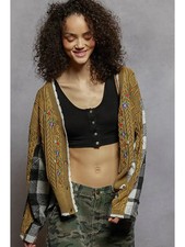 Contrast Border Patchwork Knit Cardigan with Embroidery Size Small