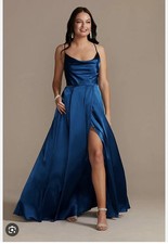 Galina Signature Charmeuse Cowl Bridesmaid Dress with Lace-Up Back Blue Size 22
