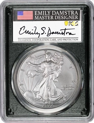 2022 W $1 1 oz Burnished Silver American Eagle PCGS SP70 Emily Damstra Signed La