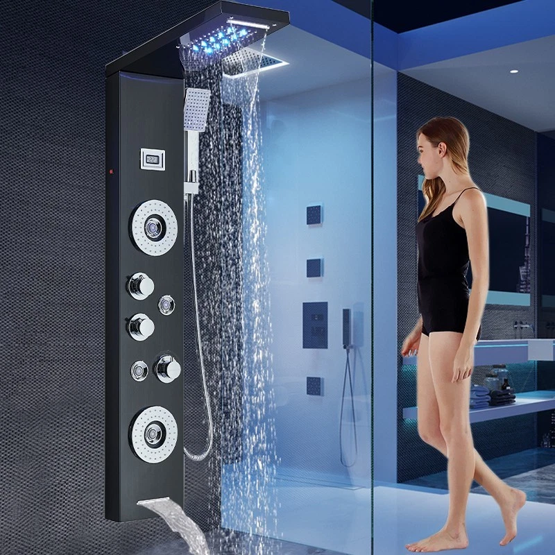 ROZIN LED Schwarz Duschpaneel Edelstahl Duschset Duschsäule Regendusche Duscharmatur