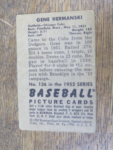 Tarjeta de béisbol vintage Bowman #136 1952 Gene Hermanski baja calidad - Imagen 3 de 3