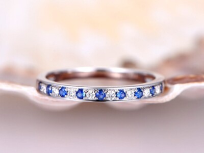 0.55 Ct Real Round Sapphire & Diamond Engagement Eternity Band 14k White Gold