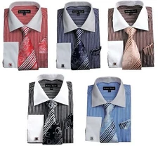 Men's Dress Shirt with Tie + Handkerchief, French Cuff Links Striped FL631
