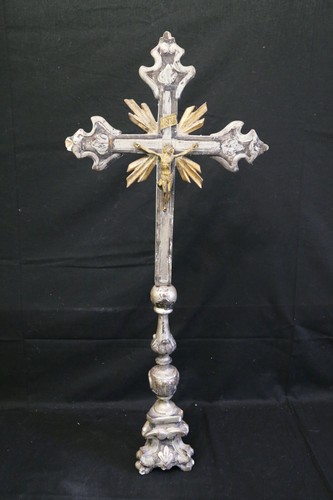 antico crocifisso barocco legno argentato bronzo dorato altare XVIII secolo 1700 - 第 1/24 張圖片