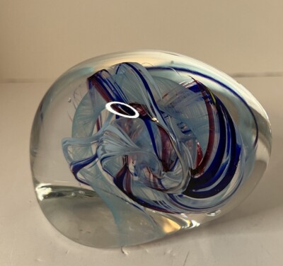 Handmade Studio Art Glass Paperweight Blue Red Swirl Ribbon Design Heavy Decor