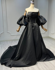 Princess Black Satin Wedding Dresses Off the Shoulder Court Train Bridal Gowns