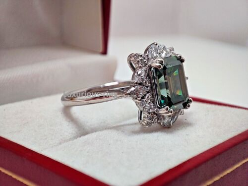 925 Silver Gorgeous Vintage Ring, 3.80 Ct Emerald Cut Blue Green Moissanite Ring - Picture 4 of 14