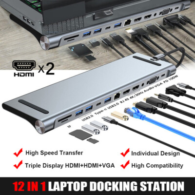 12-in-1 USB C Docking Station Triple Monitor Multiport Adapter 100W PD in USB3.0