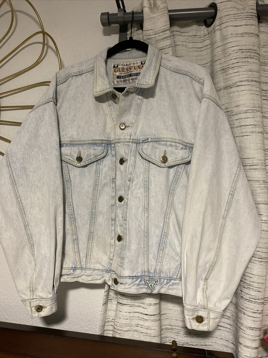 VTG Guess Jacket Mens S Georges Marciano USA Distressed Denim Blue