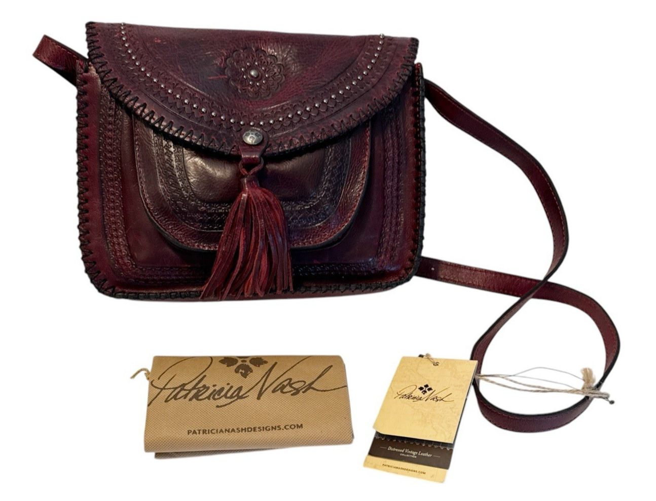 Patricia Nash Beumont Studded Leather Crossbody Bag with Tassel and Dust Bag NWT