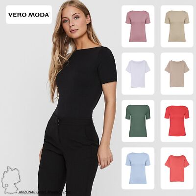 VERO MODA Damen Stretch T-Shirt Basic Oberteil mit U-Boot-Ausschnitt VMPANDA NEU