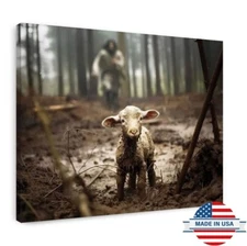 Jesus Running After Lost Lamb Canvas Print, Inspirational Christian Art