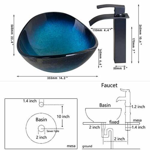 Bathroom Vanity Glass Washbasin Vessel Sink With Black Waterfall Tap Faucet Set - Picture 8 of 8