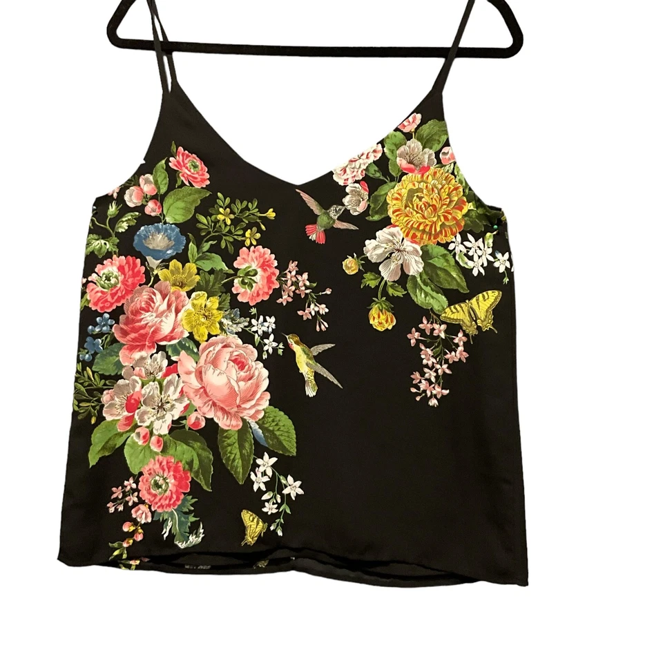 Oasis Museum Royal Worcester Floral Cami TopSz 12 Black Floaty Hummingbirds - image 2 of 4