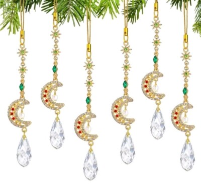 6 PCs Crystal Prism Ornaments MOON Hanging Sun Catchers Set, Brand New