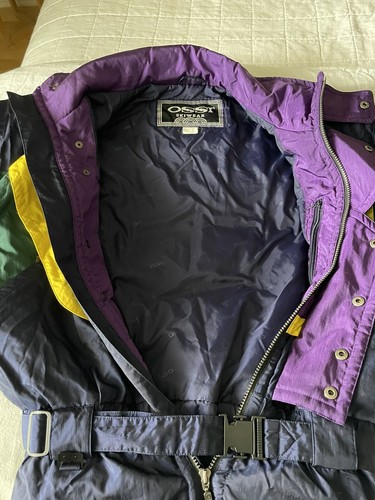 VTG OSSI Mens LARGE Ski Suit Navy Purple Yellow Green OnePiece Belted Retro 80’s - Picture 14 of 23