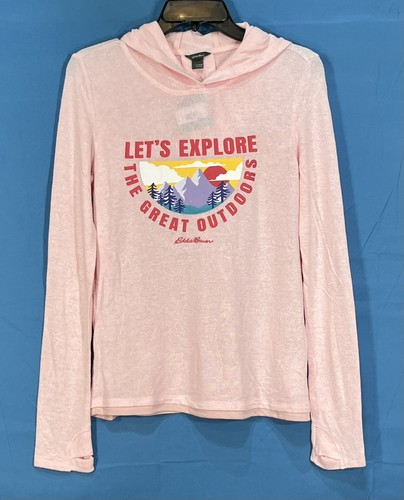 NWT EDDIE BAUER Girl's PINK Soft Light-Weight Knit GRAPHIC CAMP Hooded Top L/14 - Afbeelding 1 van 5