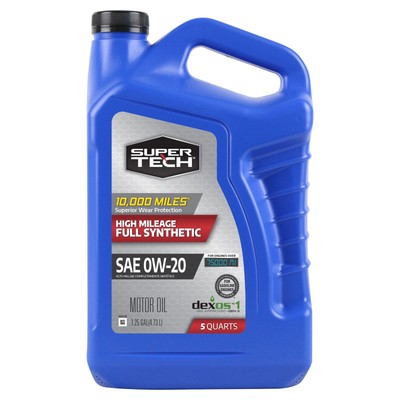 Super Tech Motor Oil High Mileage Full Synthetic SAE 0W-20 Motor Oil 5 Quarts